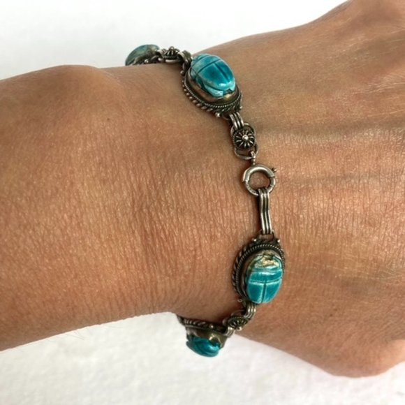VTG Sterling Silver 925 Faience Glazed Ceramic Blue Scarab Link Bracelet 7" - Picture 4 of 16